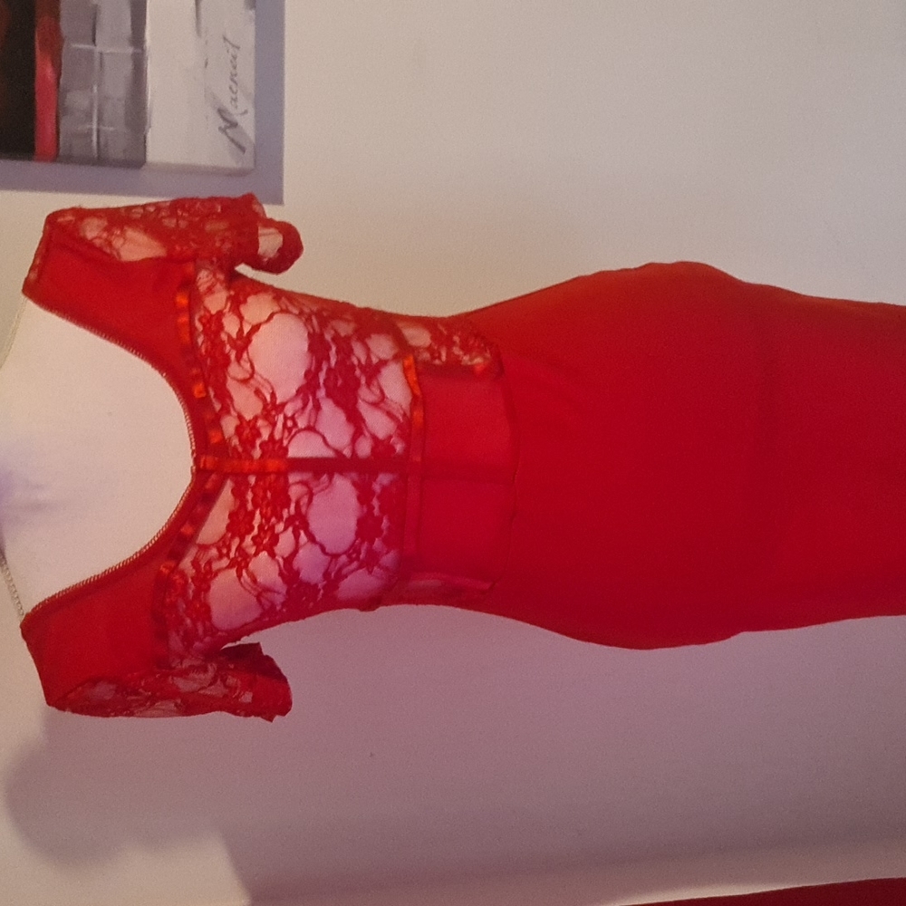 Uno Corè Solid red bodycon dress with lace detail